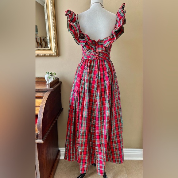 Vintage 1970s Red Royal Stewart Tartan Plaid Ruffle Off Shoulder Maxi Dress XS - Picture 8 of 16